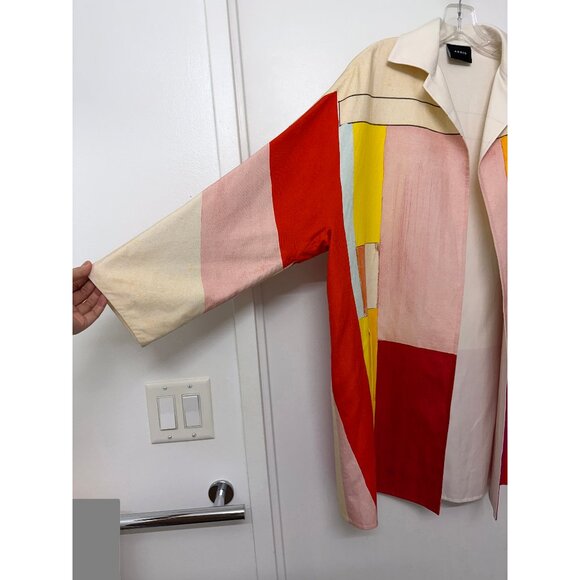Akris Mural Print Open Front A Line Coat Jacket Red Beige Colorblock Geometric 6 - Picture 8 of 16